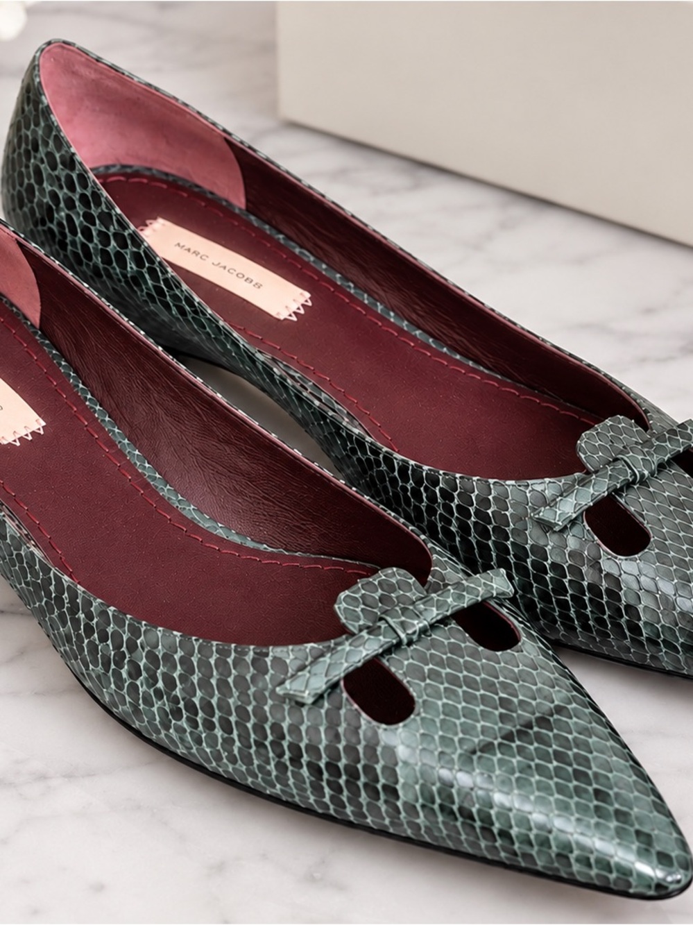 Marc Jacobs Green Real Snakeskin Pointed Bow Flats